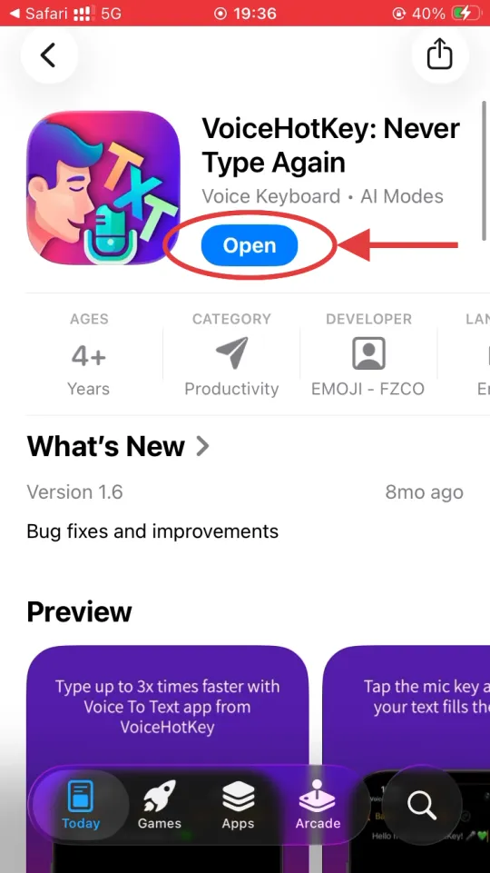 इंस्टॉल के बाद App Store का Open बटन