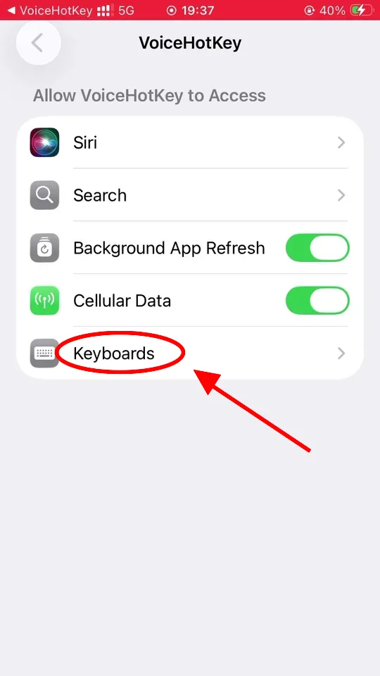 iOS Settings में VoiceHotKey एक्सेस स्क्रीन