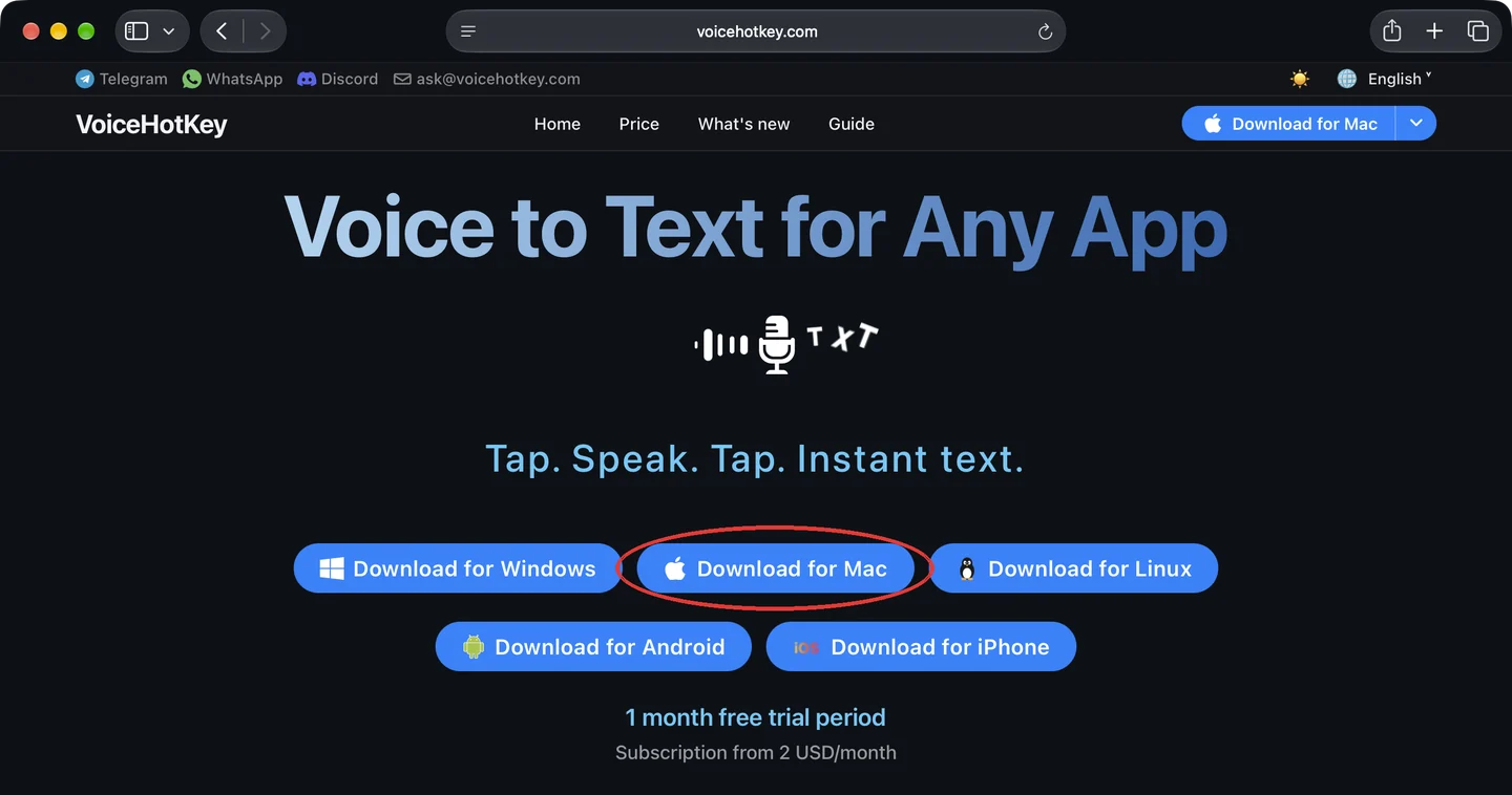voicehotkey.com होमपेज पर Mac के लिए डाउनलोड बटन