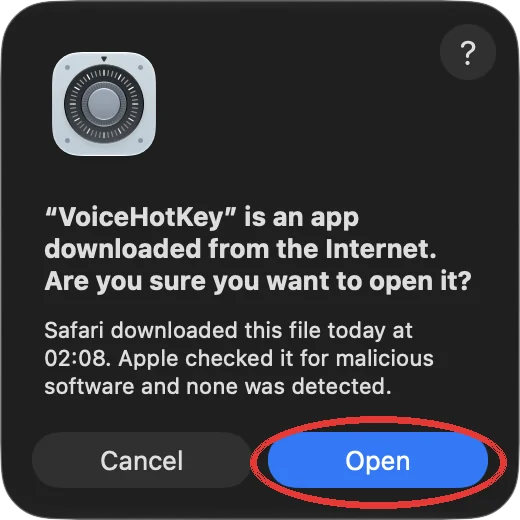 इंटरनेट से डाउनलोड किए ऐप का macOS डायलॉग और खोलें बटन