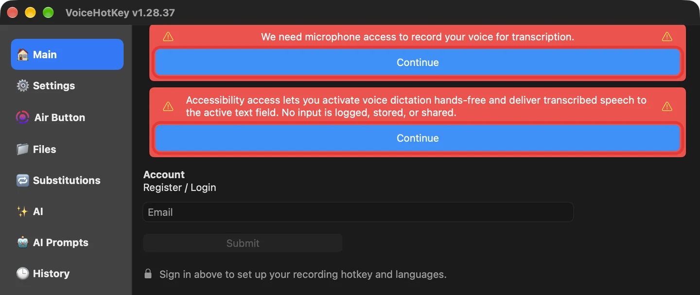 VoiceHotKey की मुख्य विंडो में माइक्रोफ़ोन और ऐक्सेसिबिलिटी सूचनाएँ