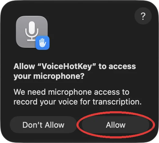 macOS माइक्रोफ़ोन अनुमति डायलॉग में अनुमति दें बटन