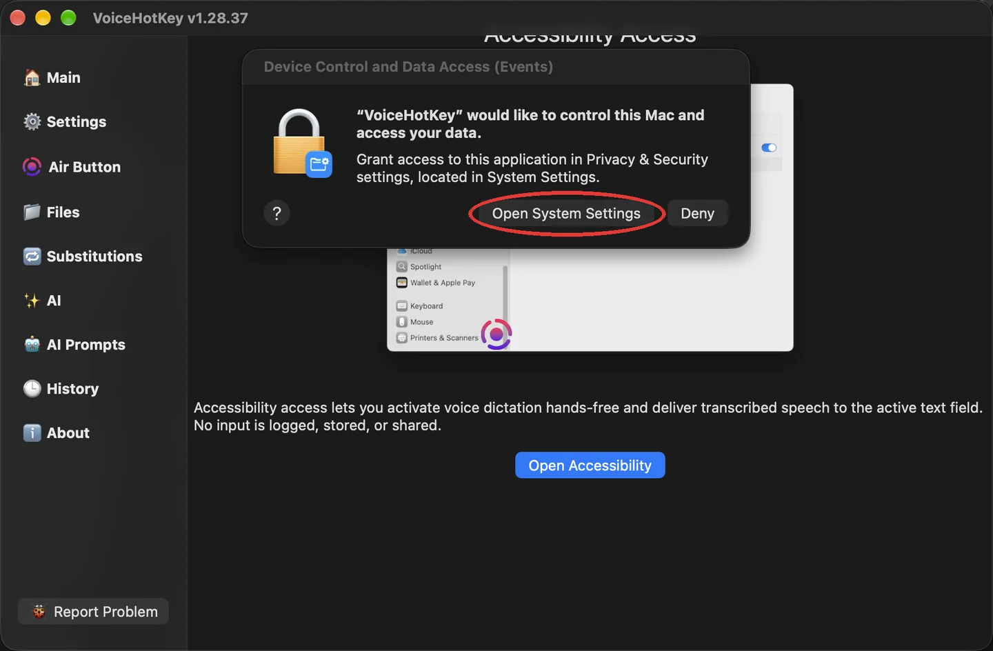 macOS ऐक्सेसिबिलिटी अनुरोध और सिस्टम सेटिंग्ज़ खोलें बटन