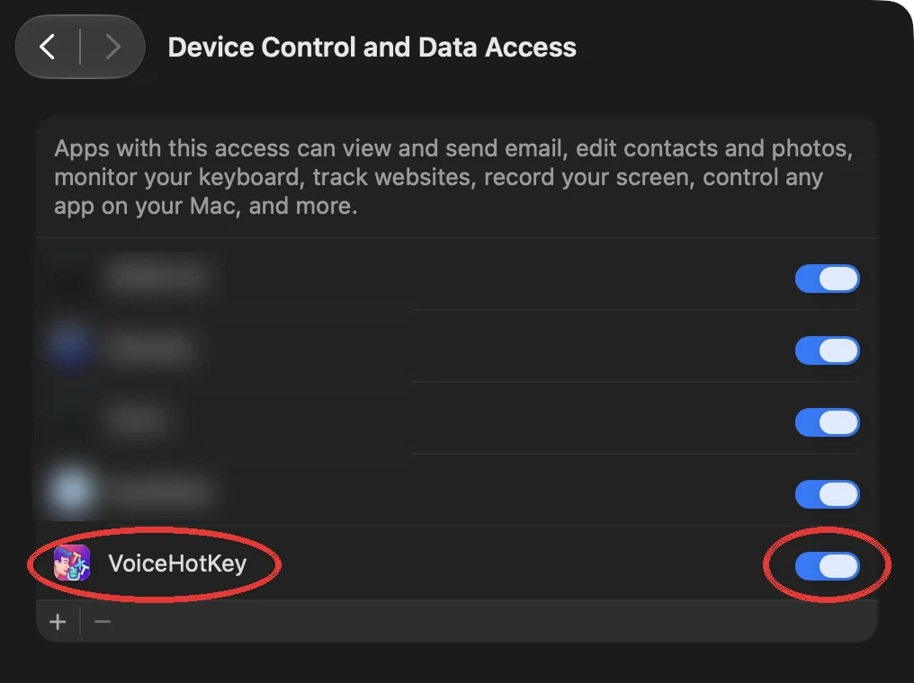 सिस्टम सेटिंग्ज़ में VoiceHotKey का स्विच चालू है