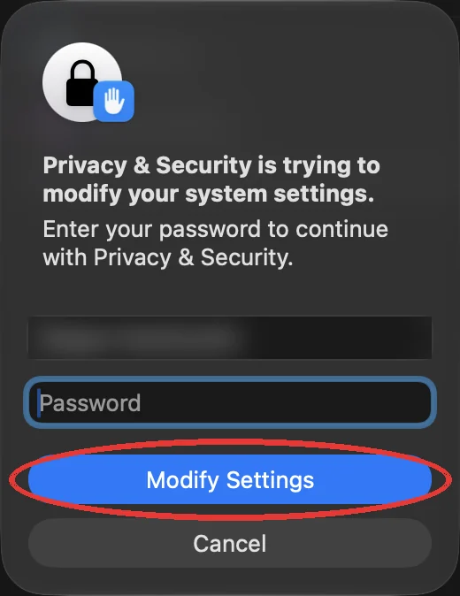 macOS पासवर्ड अनुरोध और सेटिंग बदलने का बटन