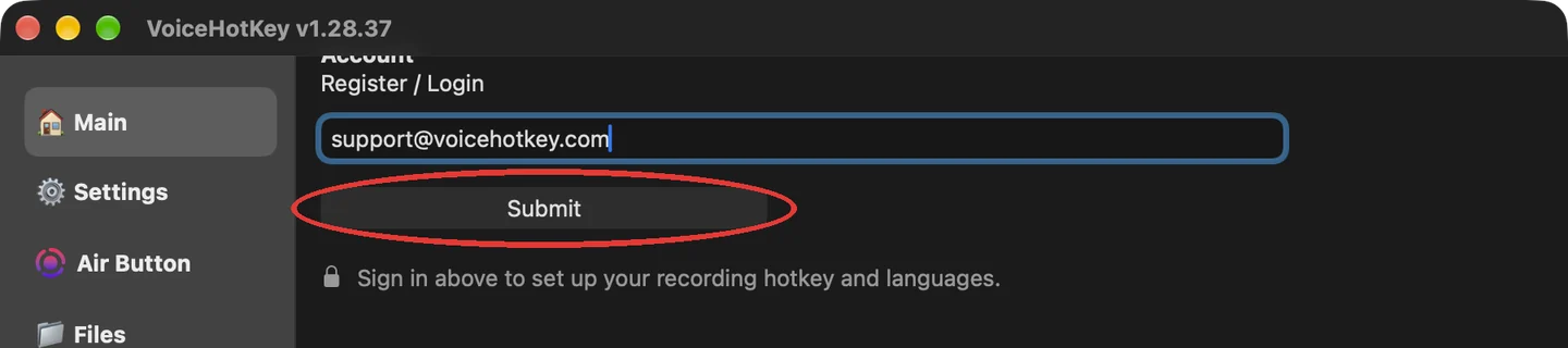 VoiceHotKey का ईमेल फ़ील्ड और सबमिट करें बटन