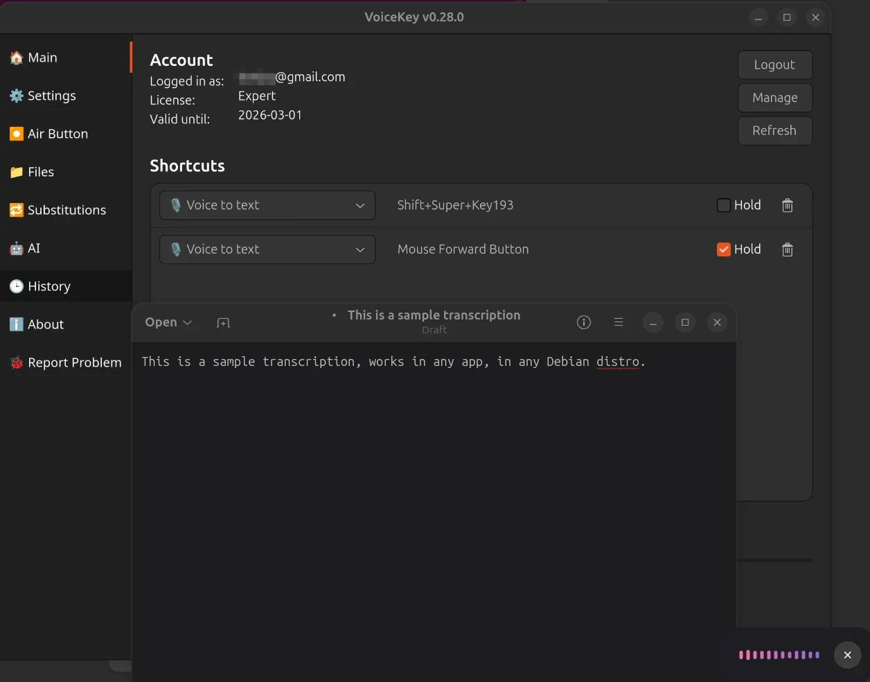 Ubuntu Linux पर चल रहा VoiceKey वॉइस डिक्टेशन ऐप, शॉर्टकट और लाइव ट्रांसक्रिप्शन के साथ